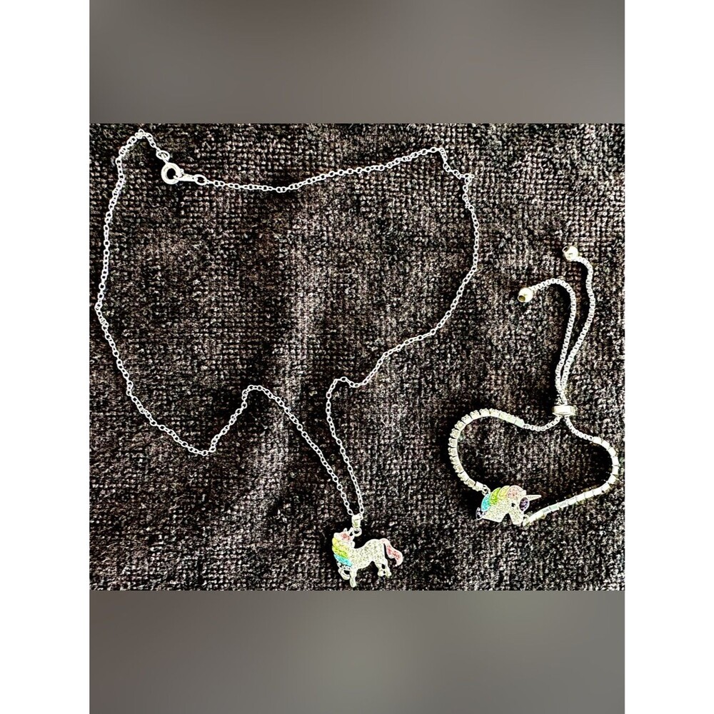 Rainbow Unicorn Rhinestone Necklace & Adjustable Bracelet Set – Silver Jewelry